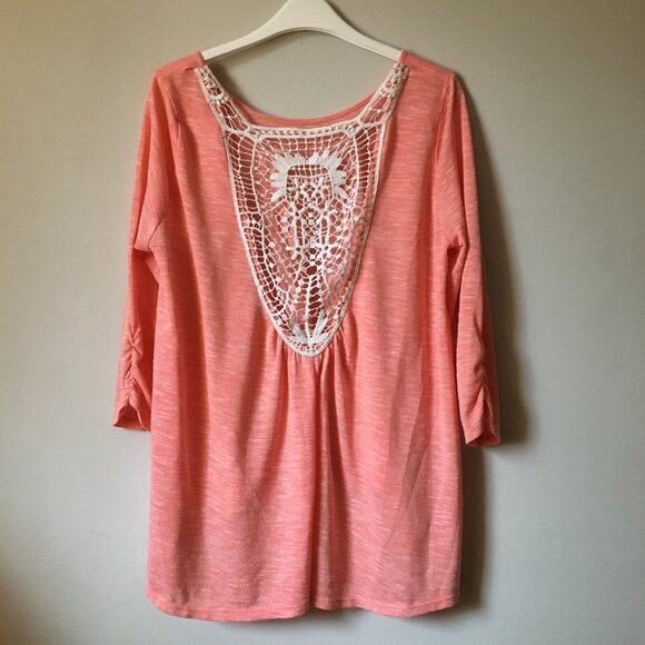 Pastelcore Coral Heathered Back Crochet Lace Long Sleeve A-Line Top - Picture 2 of 10